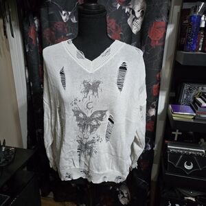White Distressed Butterfly Print Sweater